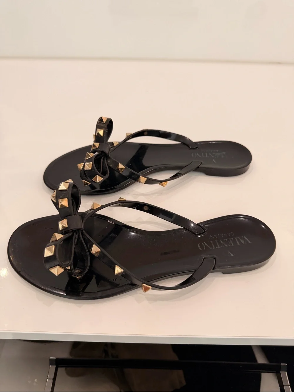Valentino Black Jelly Bow Sandals with Gold Rockstuds